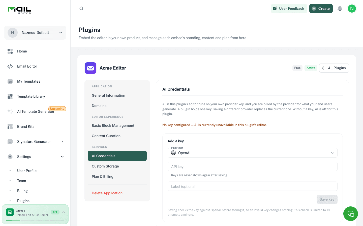 AI Credentials tab