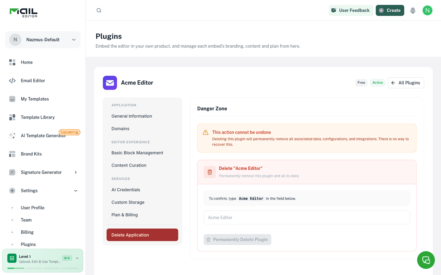 Delete Application tab