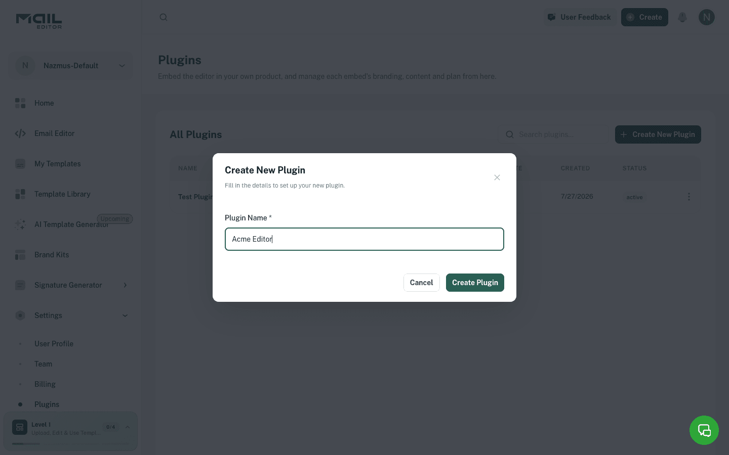 Create plugin modal