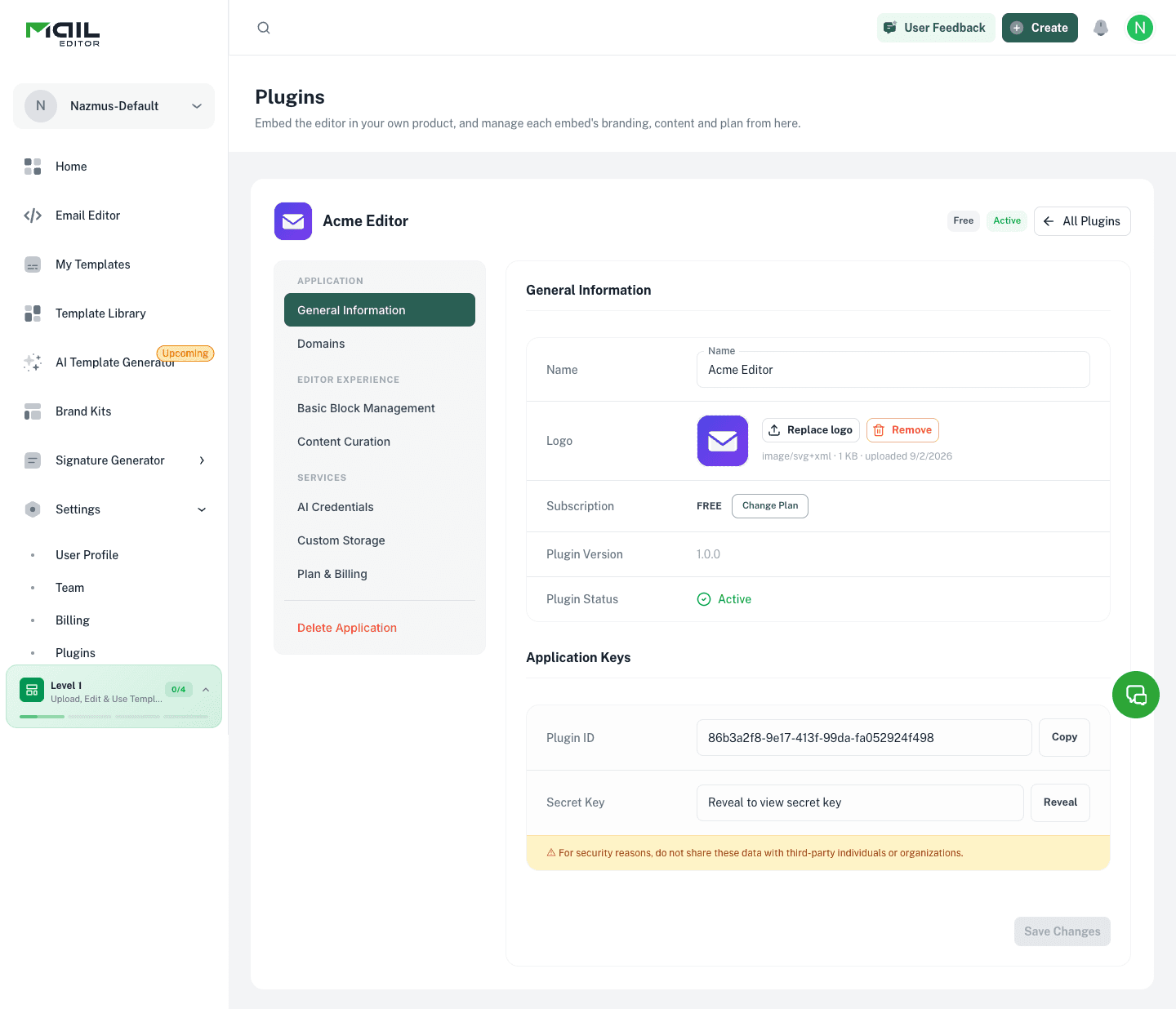 General Information tab with Application Keys